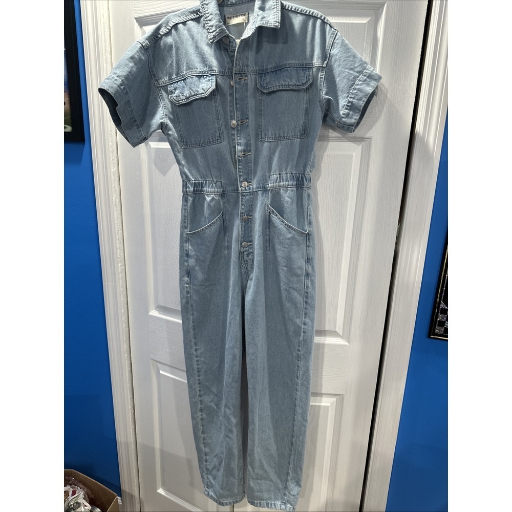 We The Free Women's Short-Sleeve Denim Coveralls Size‎ S Light Wash Button-Front